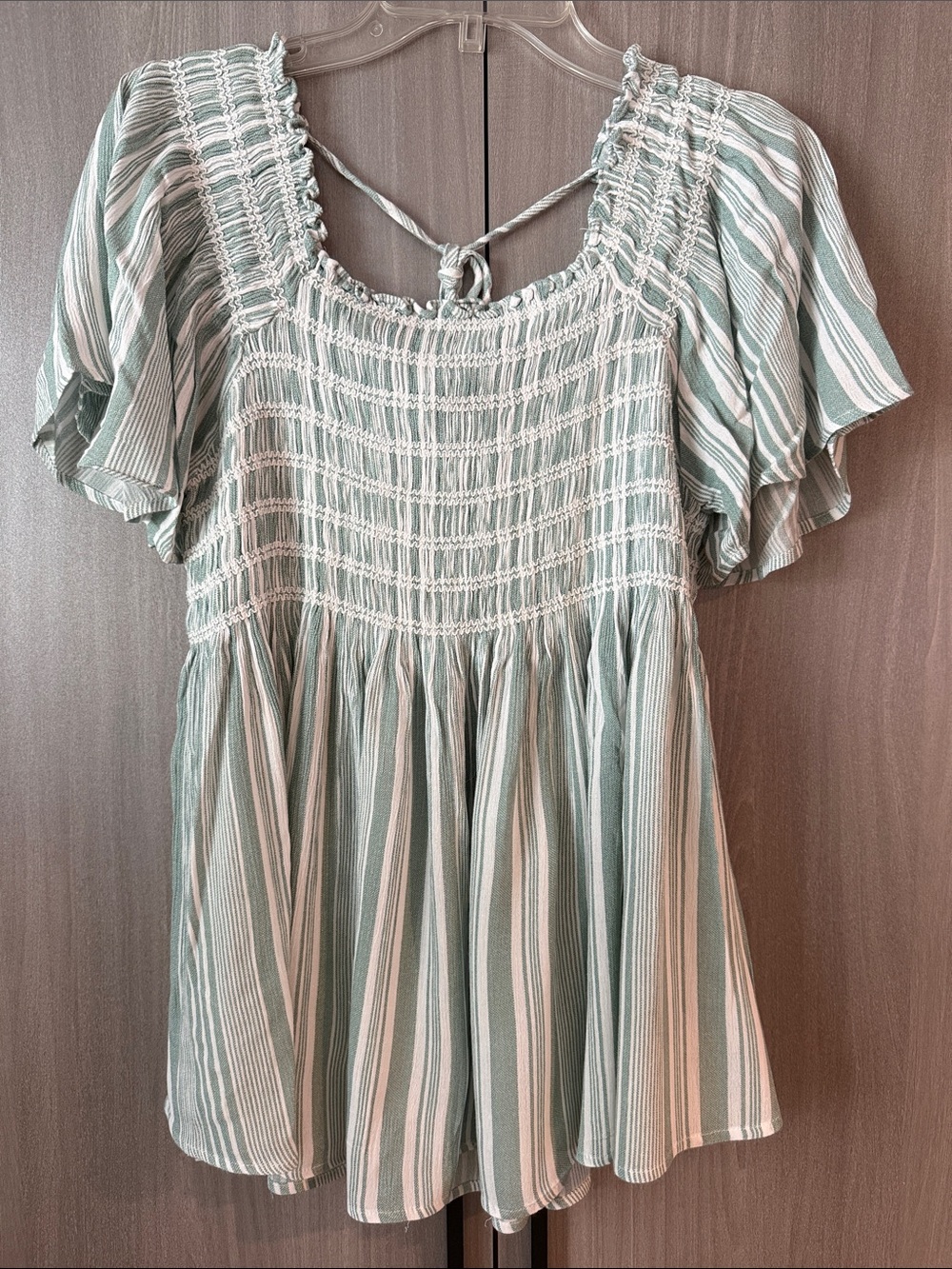 Jodifl Striped Smocked Square Neck Flutter Sleeve Babydoll Blouse L